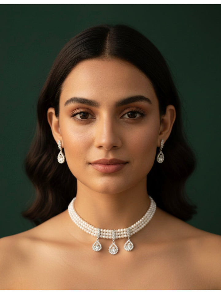 Fancy Pearls &amp; Diamond Choker Necklace With Studs