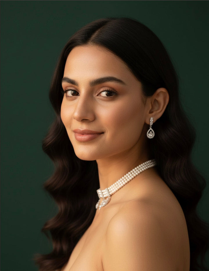 Fancy Pearls &amp; Diamond Choker Necklace With Studs