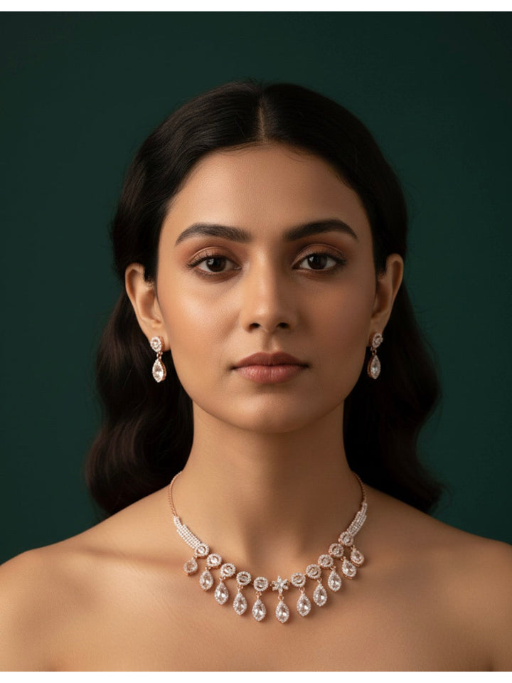 Rose Gold Plated Diamond Necklace With Earrings