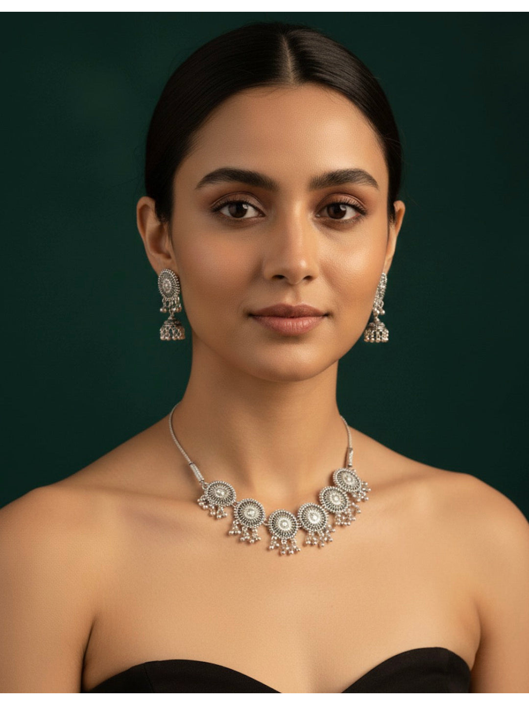 Oxidized Silver Plated Choker Necklace With Earrings