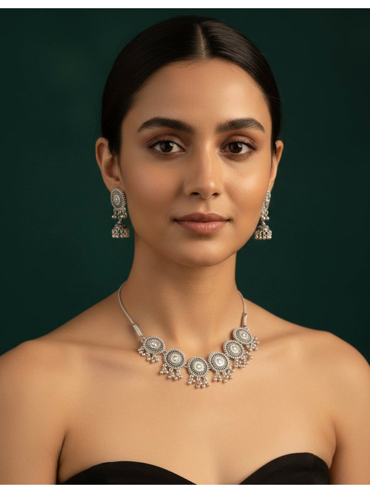 Oxidized Silver Plated Choker Necklace With Earrings