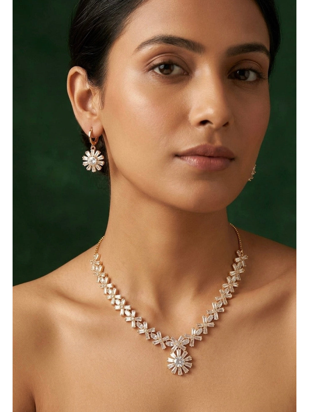 Rose Gold Plated American Diamond Necklace With Earrings