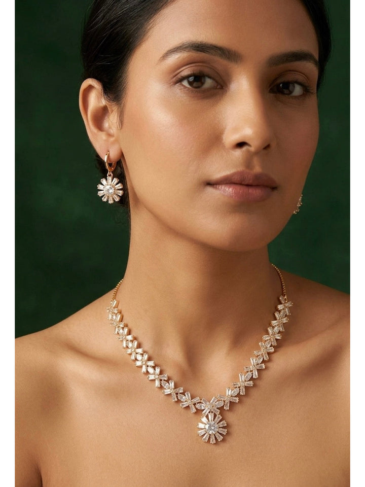 Rose Gold Plated American Diamond Necklace With Earrings