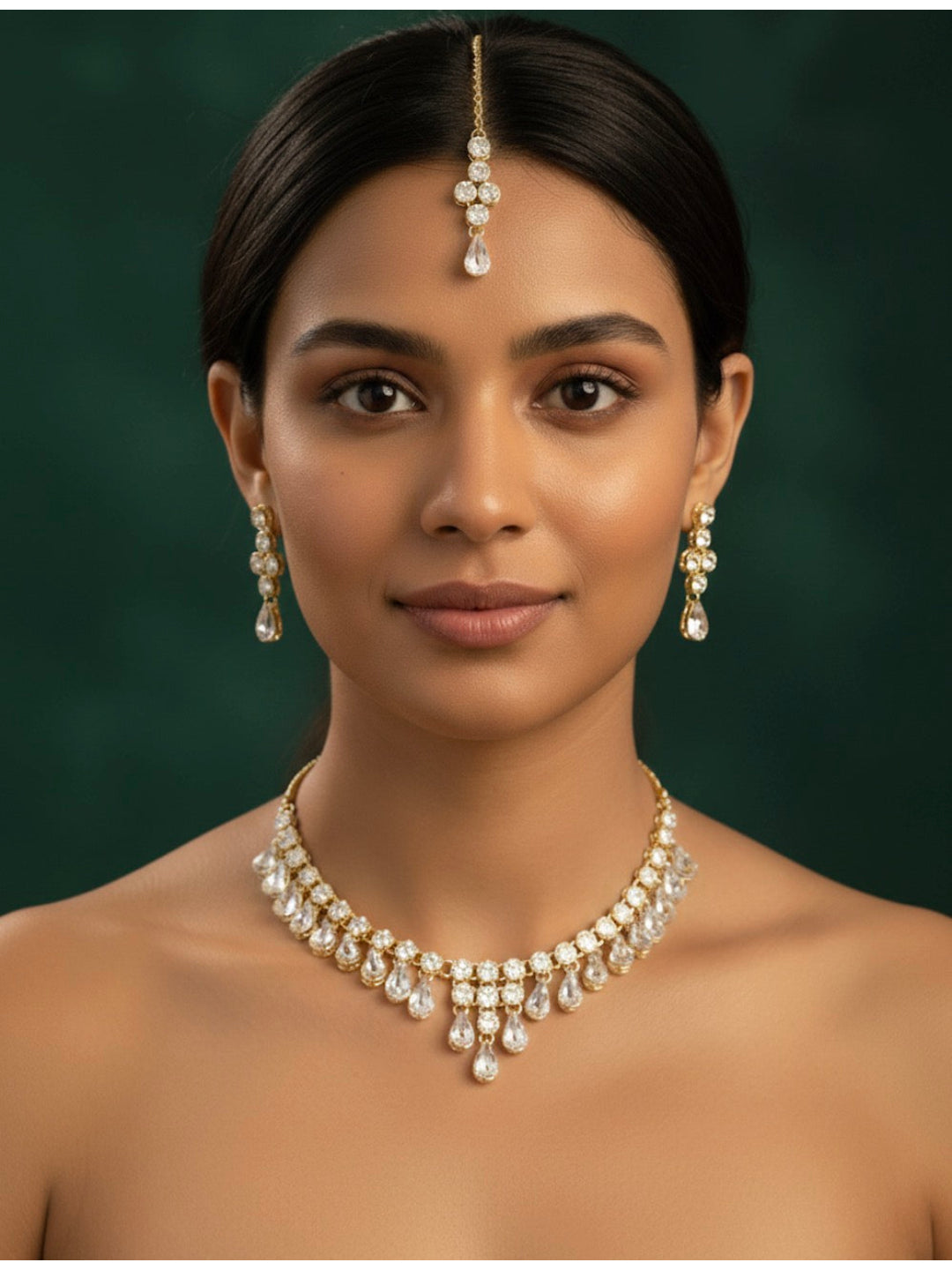 American Diamond Necklace With Earrings &amp; Mang Tika