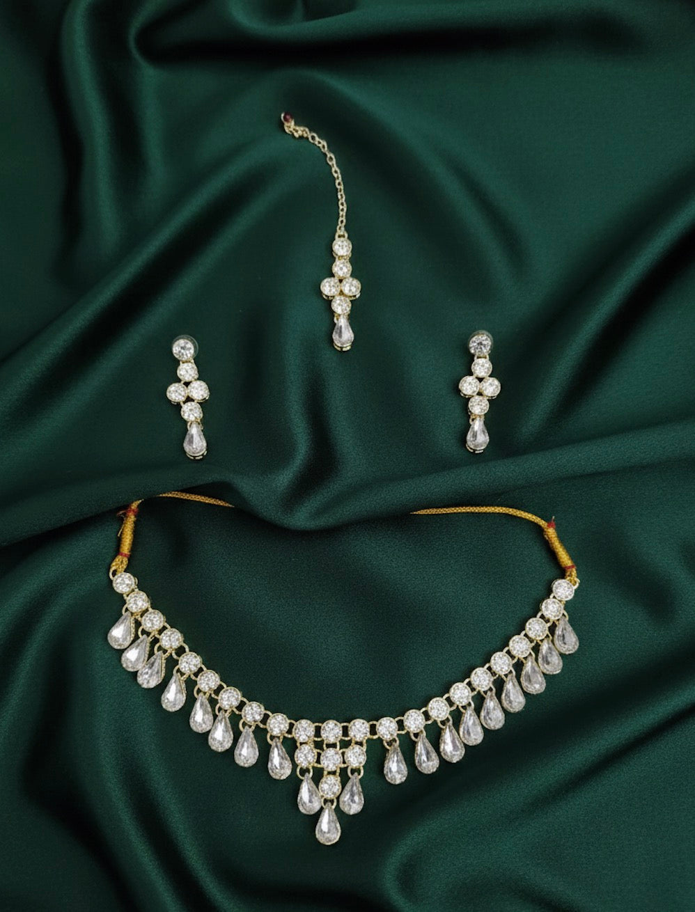 American Diamond Necklace With Earrings &amp; Mang Tika