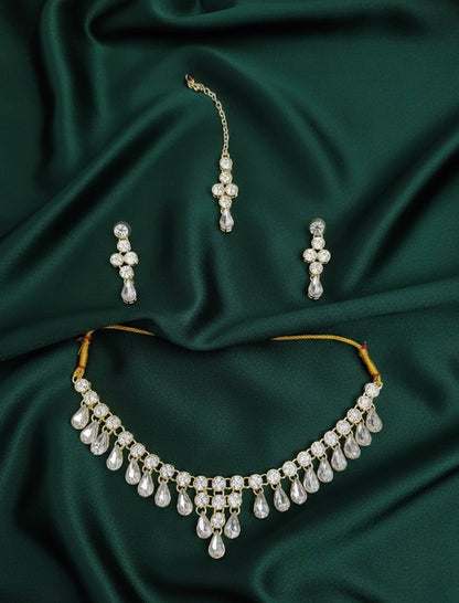 American Diamond Necklace With Earrings & Mang Tika