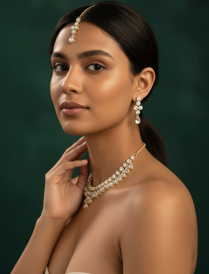 American Diamond Necklace With Earrings &amp; Mang Tika