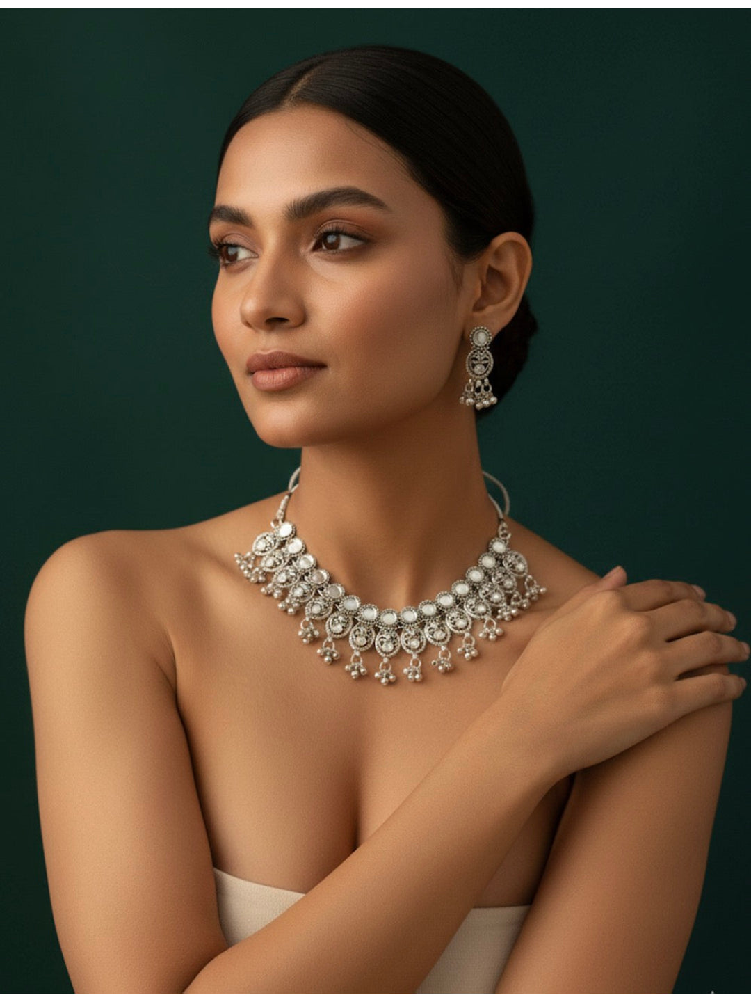 Oxidized Silver Plated Choker Necklace With Earrings