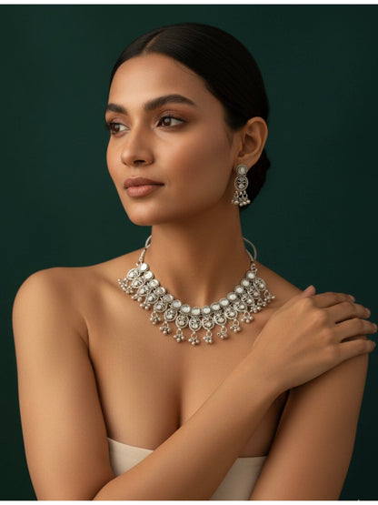 Oxidized Silver Plated Choker Necklace With Earrings