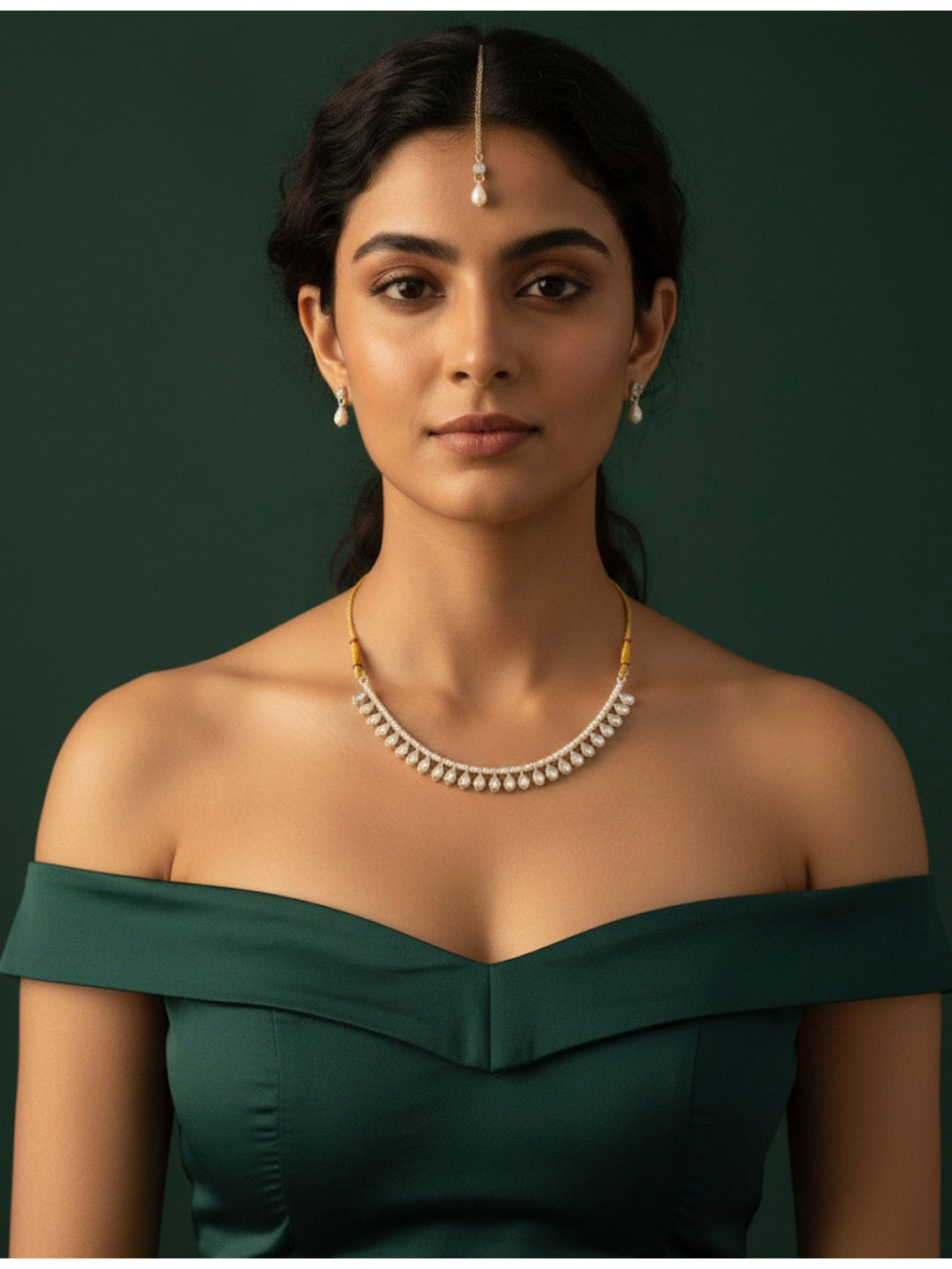 Fancy Pearl &amp; Stone Necklace With Earrings &amp; Mang Tika