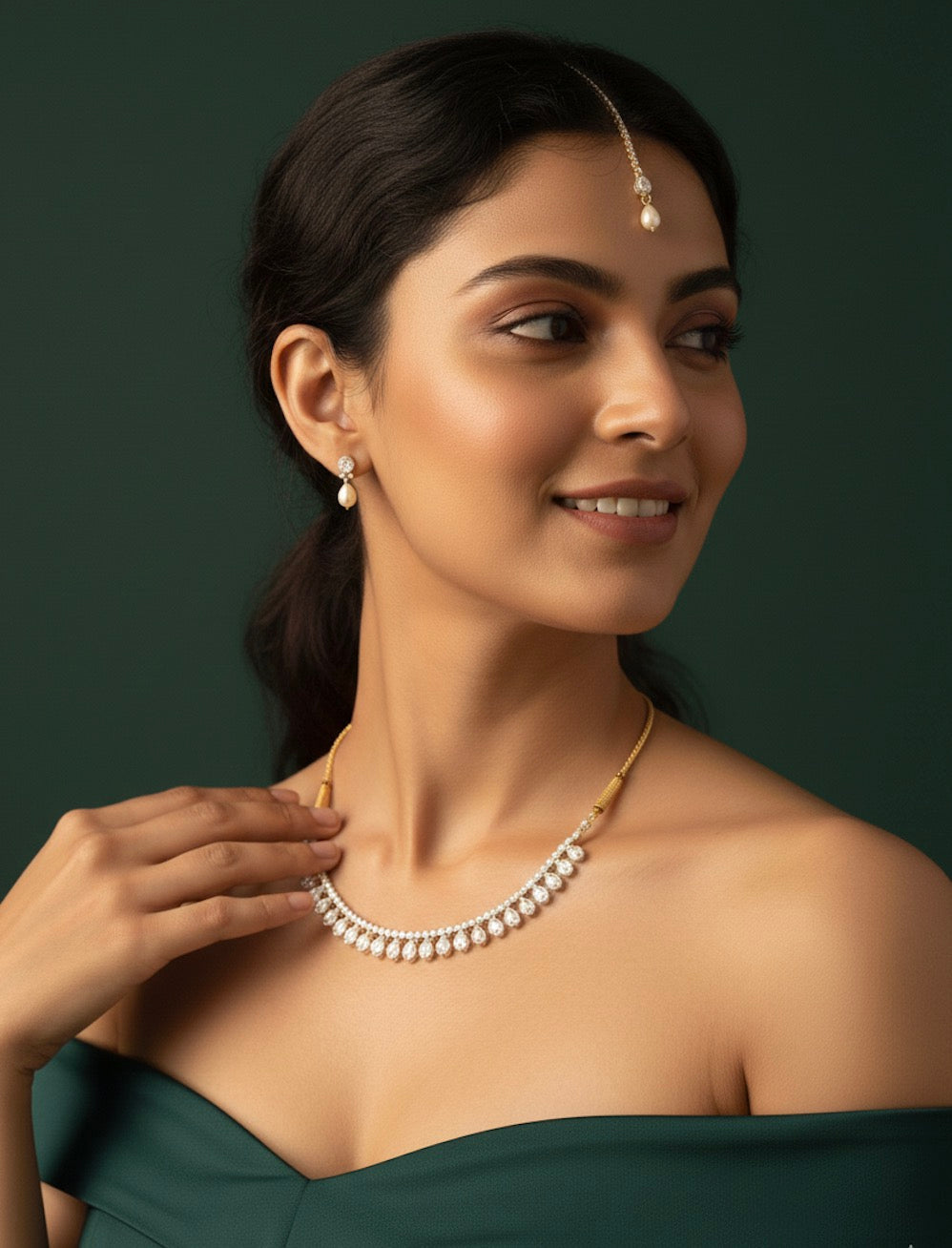 Fancy Pearl &amp; Stone Necklace With Earrings &amp; Mang Tika