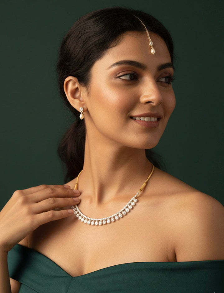 Fancy Pearl &amp; Stone Necklace With Earrings &amp; Mang Tika