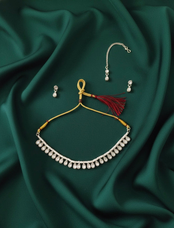Fancy Pearl &amp; Stone Necklace With Earrings &amp; Mang Tika