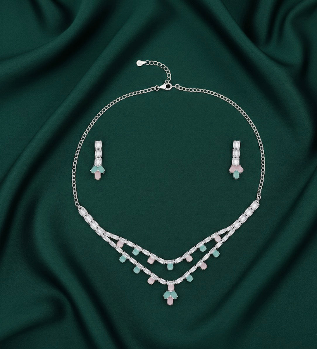 Women Mint & Pastel Stone Necklace With Earrings