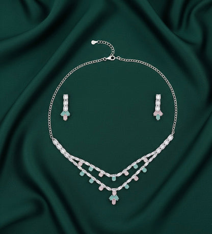 Women Mint & Pastel Stone Necklace With Earrings
