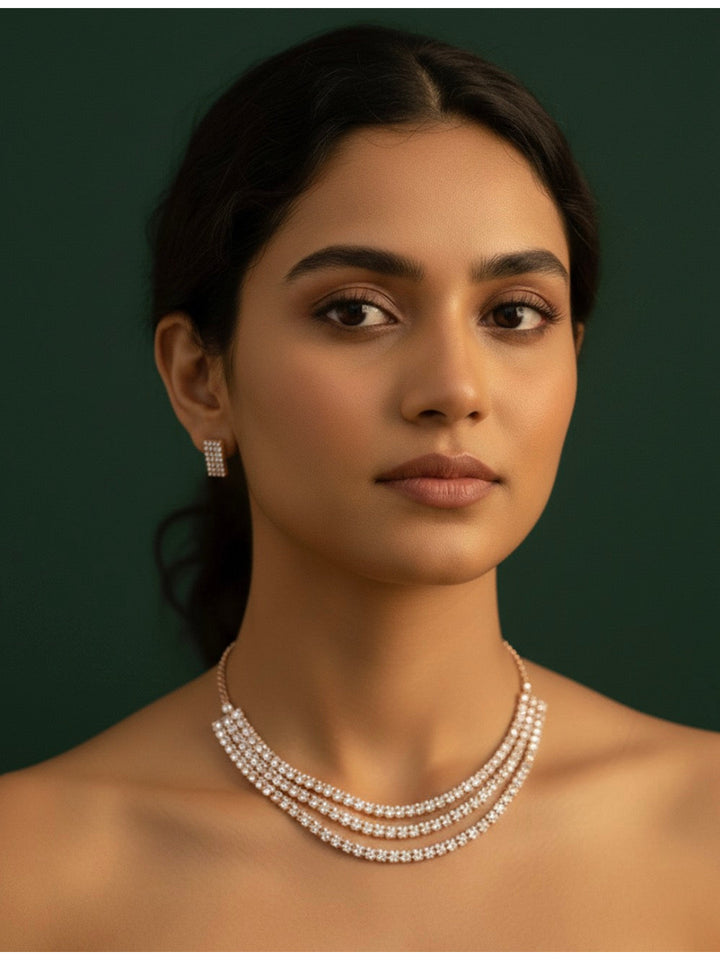 American Diamond Layered Necklace With Earrings