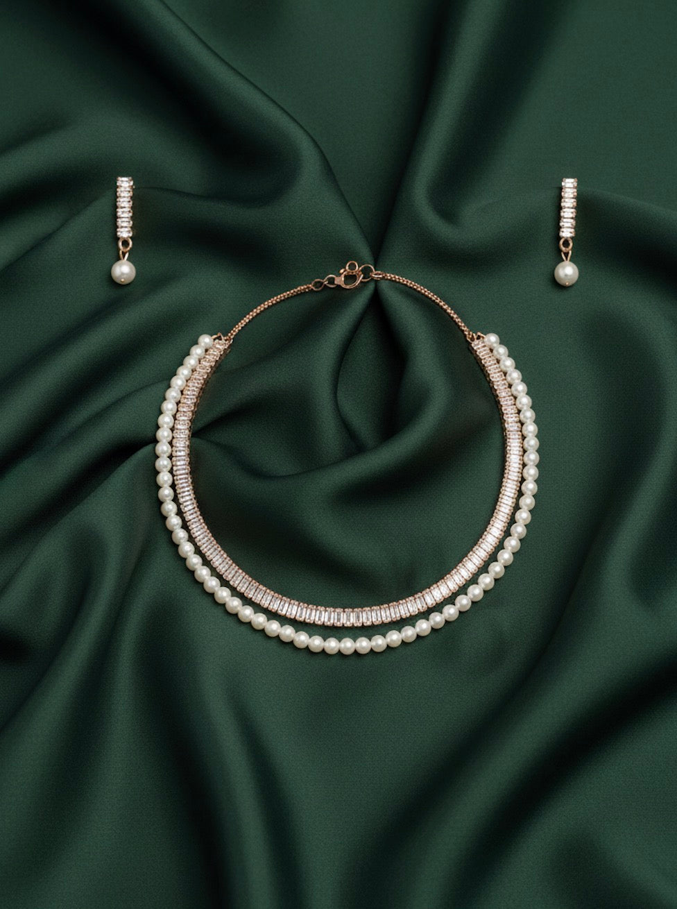 Women Peral & Stone Layered Necklace With Earrings