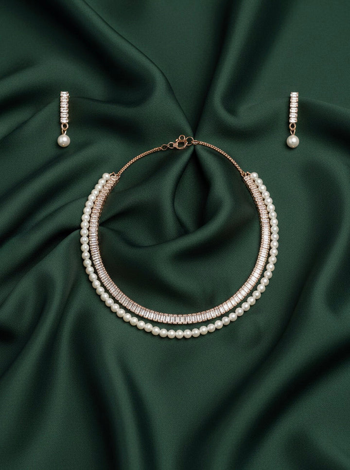 Women Peral &amp; Stone Layered Necklace With Earrings