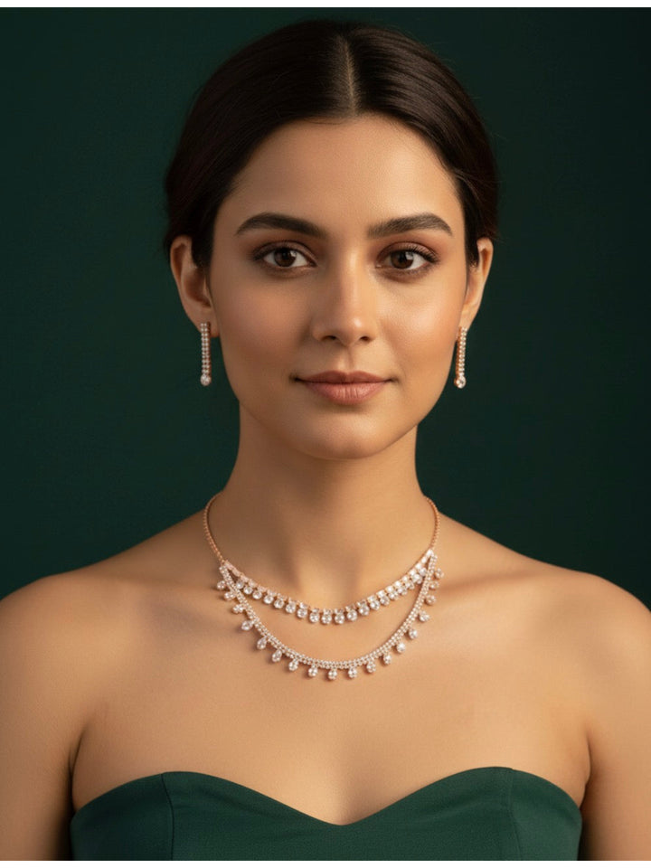 American Diamond Layered Necklace With Earrings