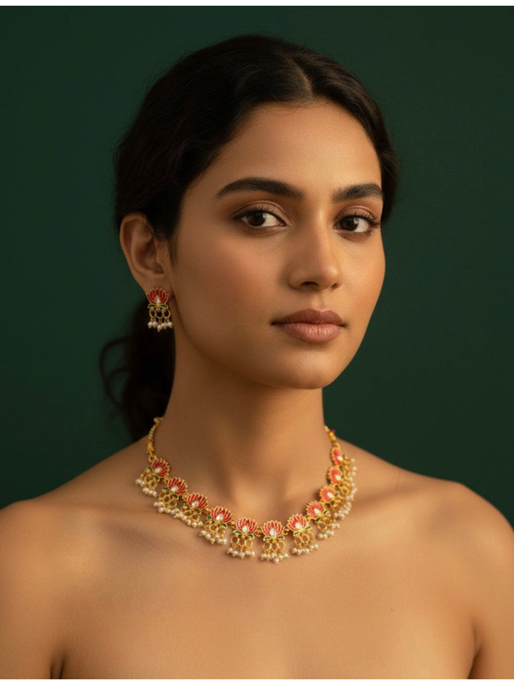 Golden Trendy Lotus Necklace with Earrings