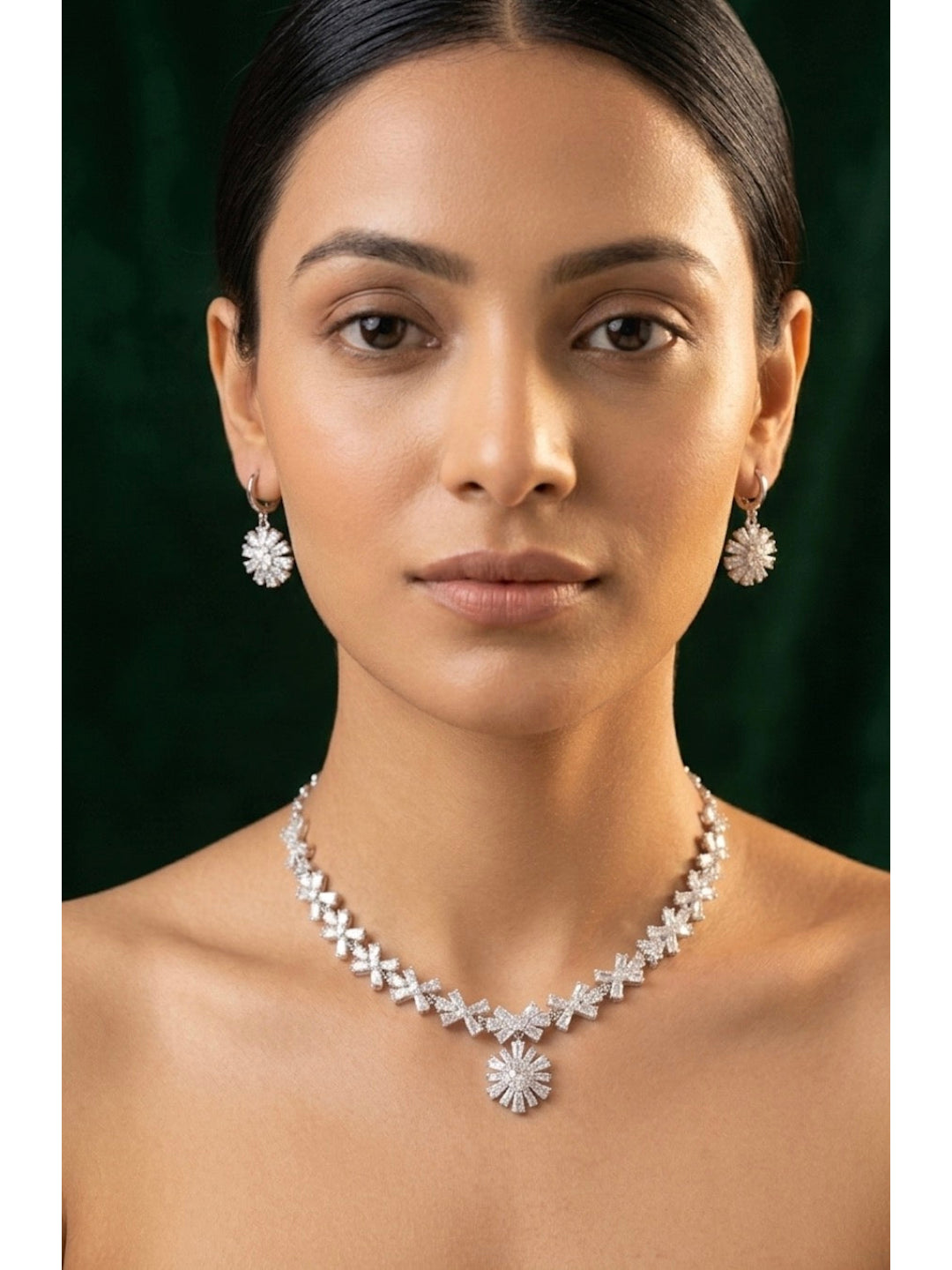 Silver Plated American Diamond Necklace With Earrings