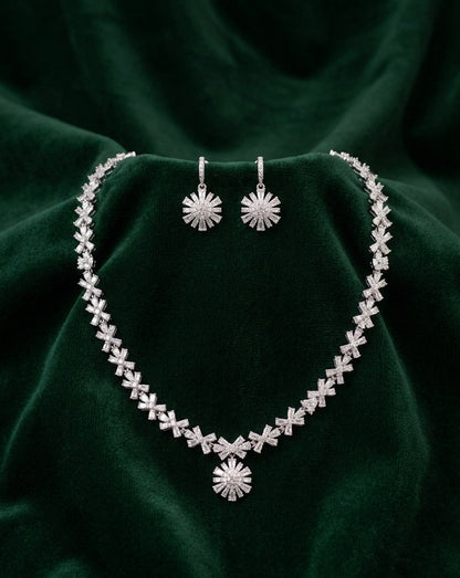 Silver Plated American Diamond Necklace With Earrings