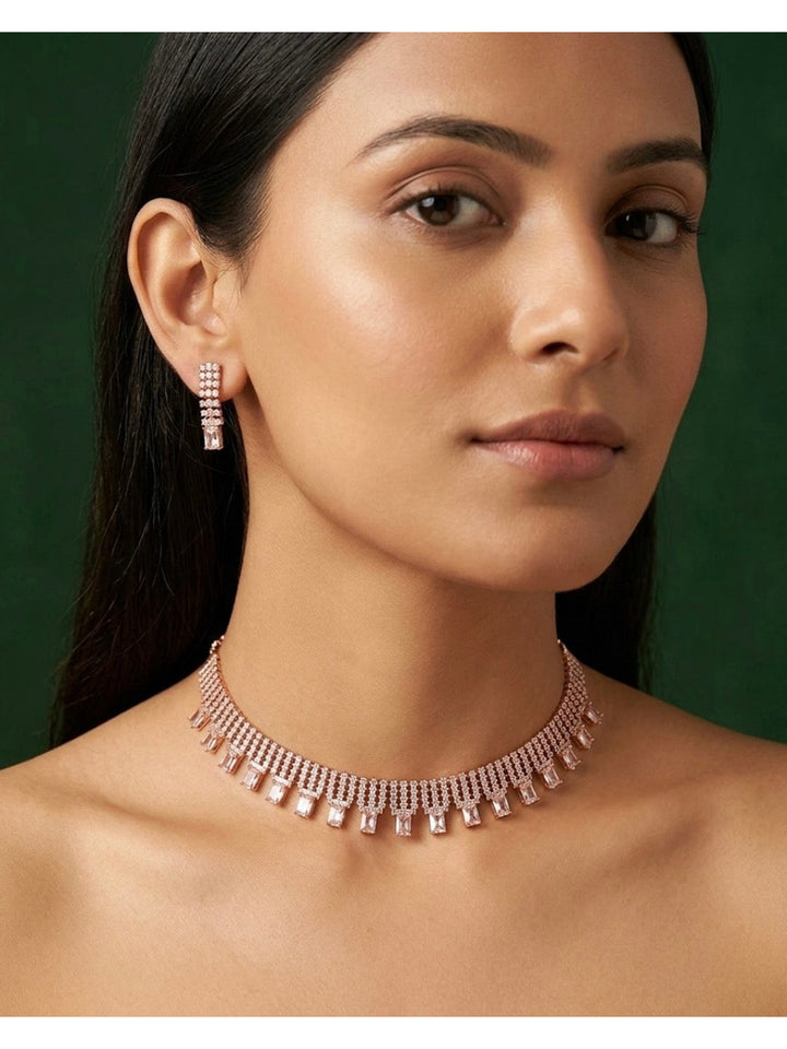 Rose Gold Plated Fancy Beaded Necklace With Earrings