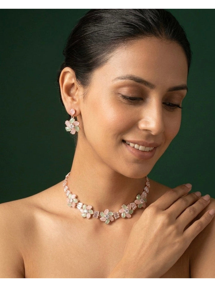 Rose Gold Plated Fancy Stone Necklace With Earrings
