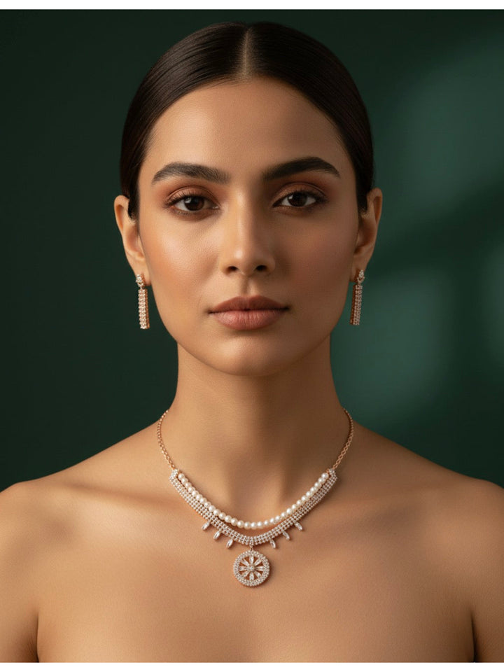 Rose Gold Plated Diamond Layered Necklace With Earrings