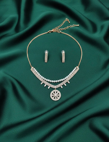 Rose Gold Plated Diamond Layered Necklace With Earrings