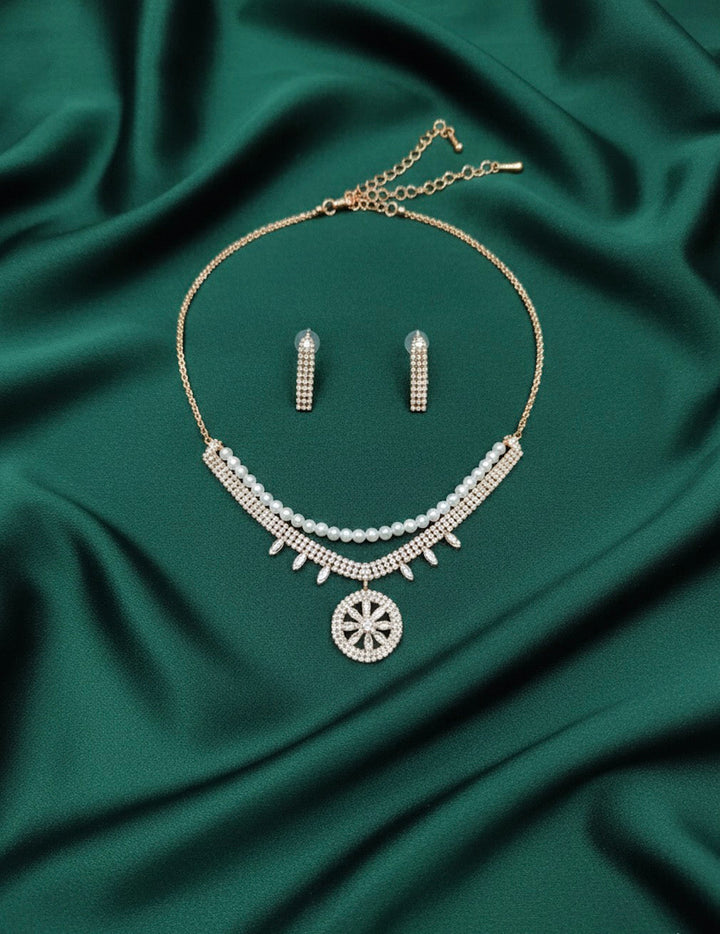Rose Gold Plated Diamond Layered Necklace With Earrings