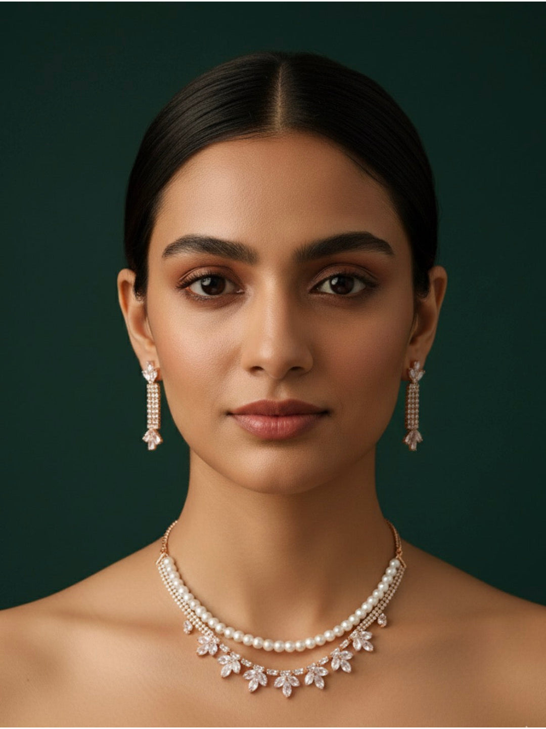 American Diamond Layered Necklace With Earrings