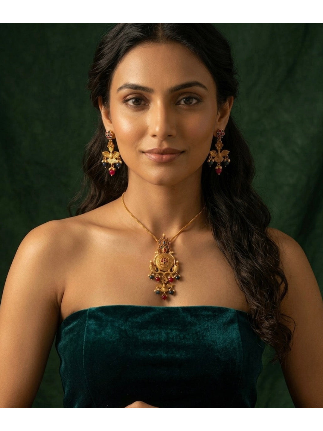 Gold Plated Antique Design Necklace With Earrings