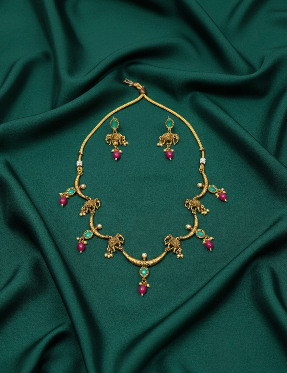 Gold Plated Hathi Design Treditional Necklace &amp; Earrings