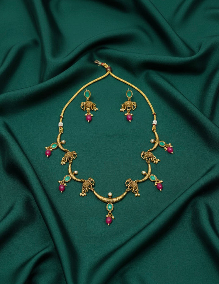 Gold Plated Hathi Design Treditional Necklace &amp; Earrings