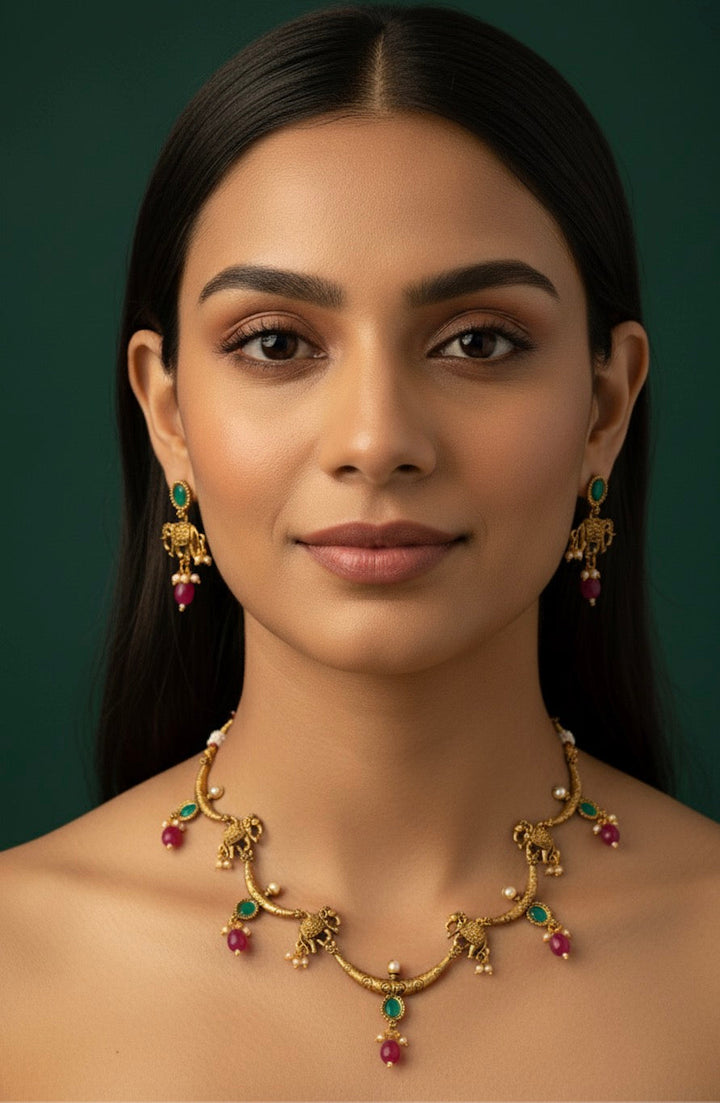 Gold Plated Hathi Design Treditional Necklace &amp; Earrings