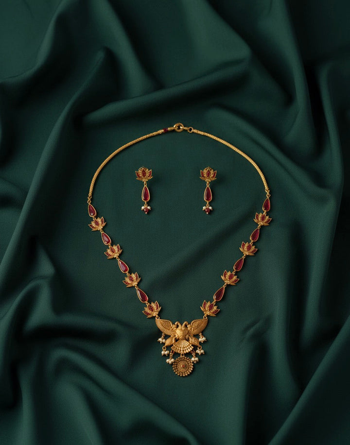Gold Plated Lotus Design Treditional Necklace &amp; Earrings