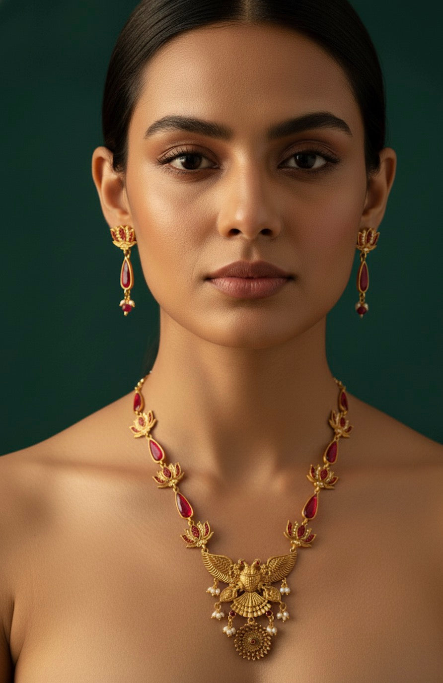 Gold Plated Lotus Design Treditional Necklace &amp; Earrings