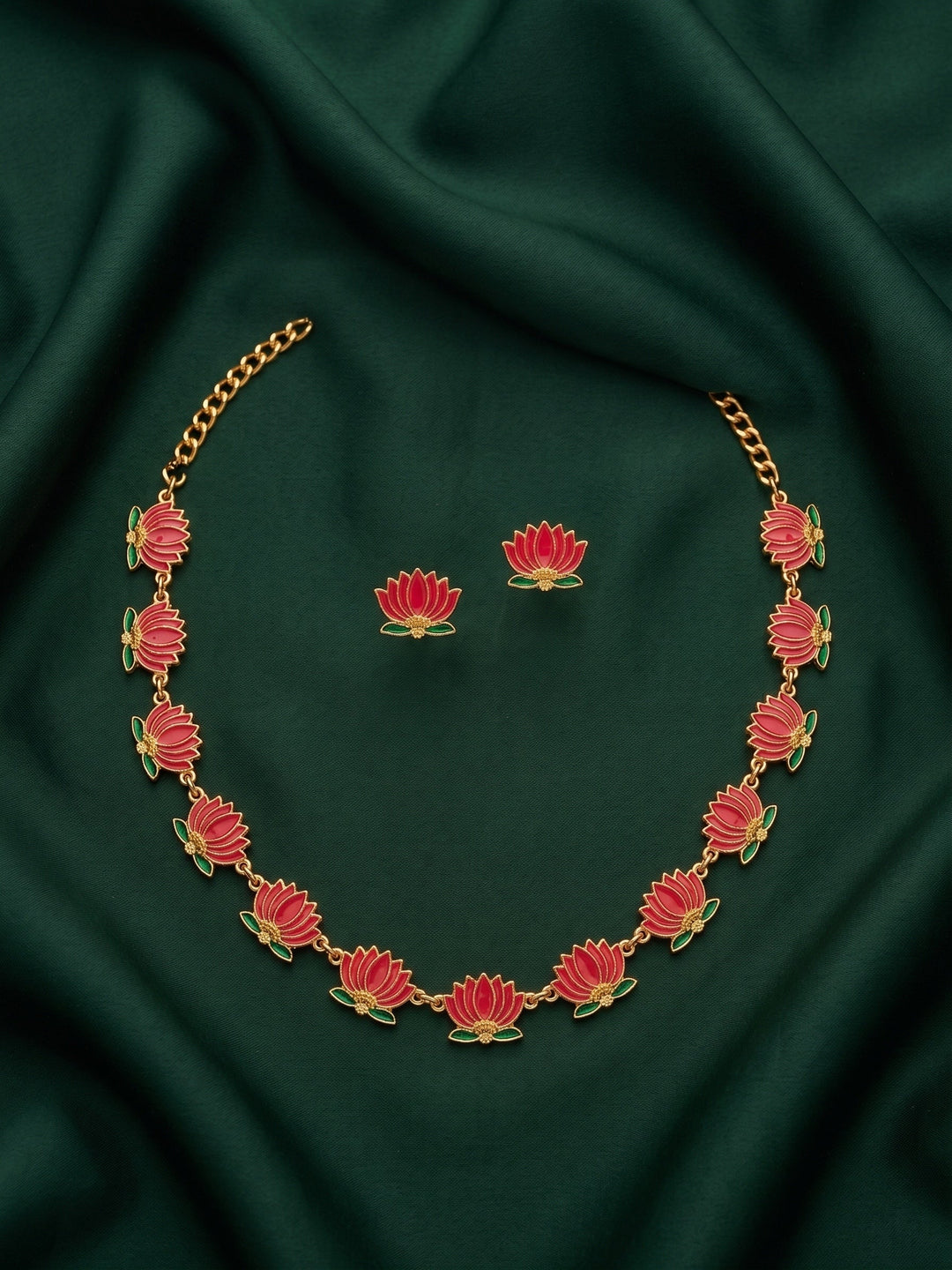 Gold Plated Treditional Lotus Necklace &amp; Earrings