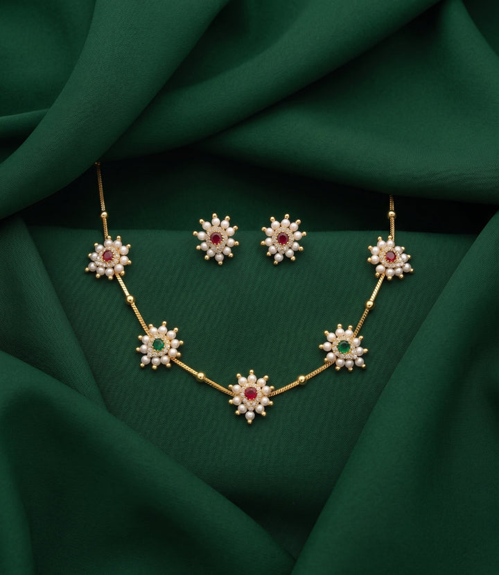 Gold-Toned Pearl Beaded Necklace with Matching Studs for Women