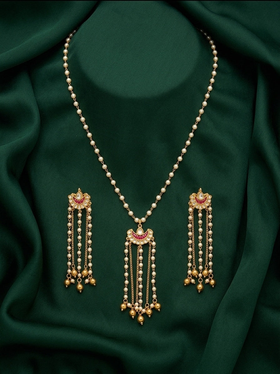 Gold-Toned Pearl Chain Necklace with Tassel Pendant &amp; Matching Long Earrings Set for Women