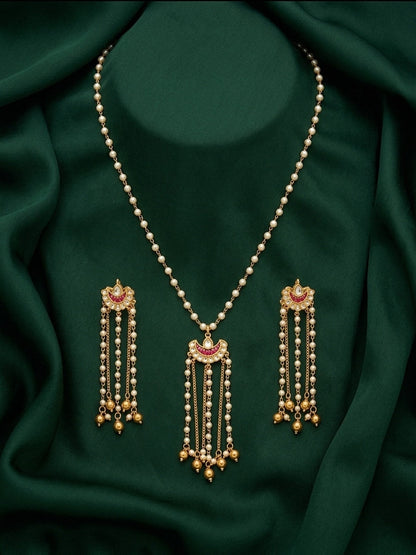 Gold-Toned Pearl Chain Necklace with Tassel Pendant & Matching Long Earrings Set for Women