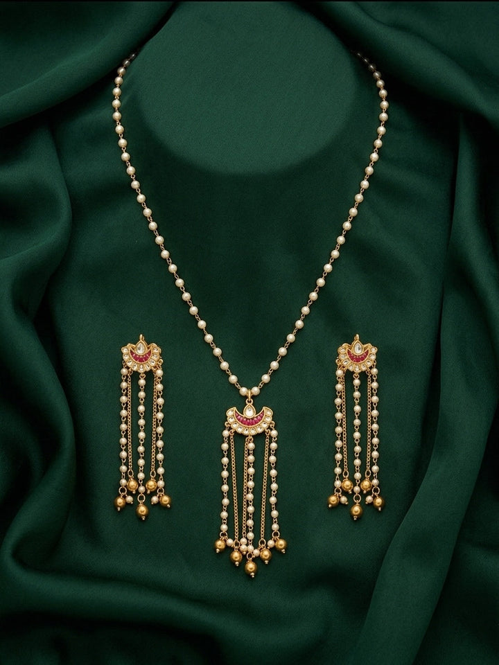 Gold-Toned Pearl Chain Necklace with Tassel Pendant &amp; Matching Long Earrings Set for Women