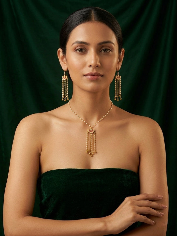 Gold-Toned Pearl Chain Necklace with Tassel Pendant &amp; Matching Long Earrings Set for Women