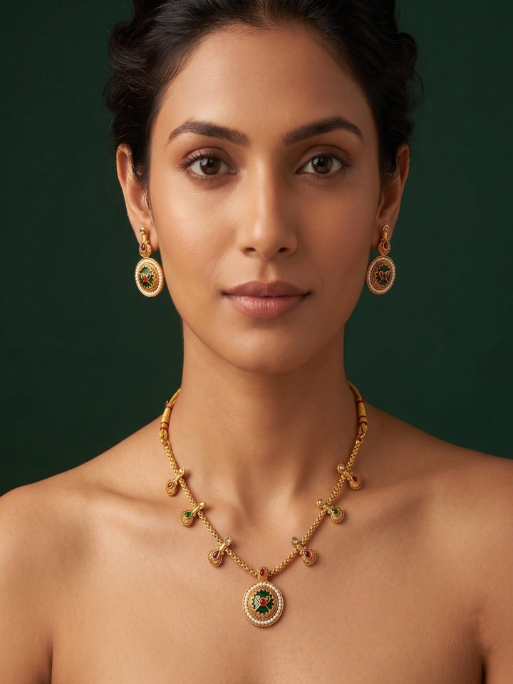 Gold Plated Treditional Choker Necklace &amp; Earrings