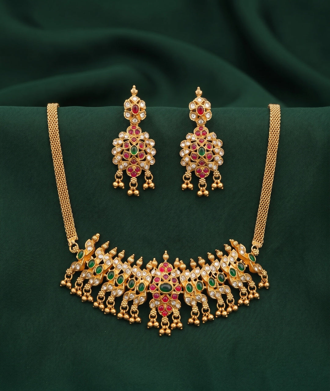 Gold Plated Kundan Beaded Choker Necklace With Earrings