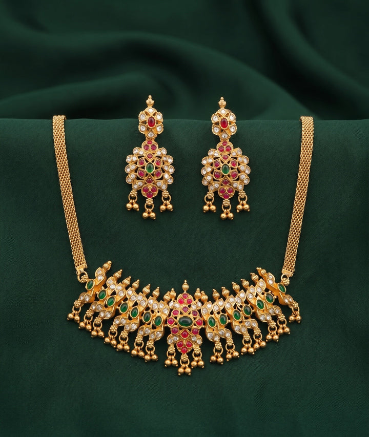 Gold Plated Kundan Beaded Choker Necklace With Earrings