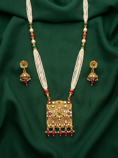 Gold-Toned Pearl Layered Necklace Set with Matching Earrings for Women