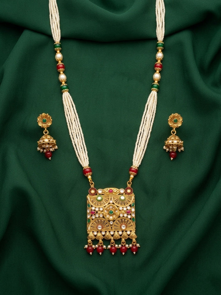 Gold-Toned Pearl Layered Necklace Set with Matching Earrings for Women