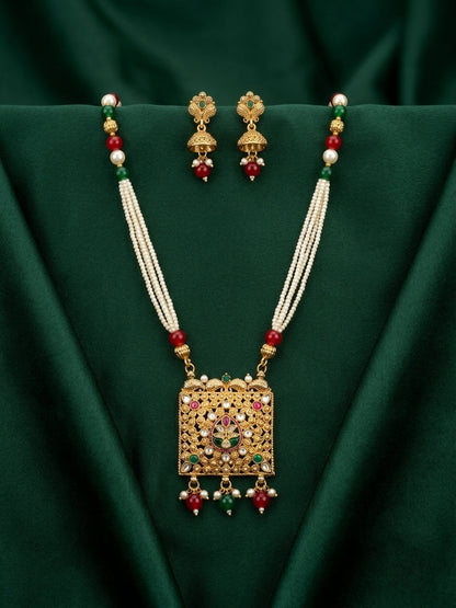 Gold-Toned Pearl Layered Necklace Set with Matching Earrings for Women